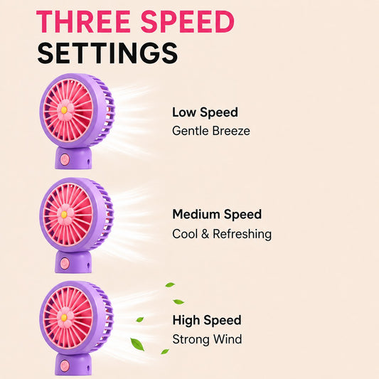 Livenwell mini portable USB rechargeable hand fan showing three adjustable speed settings with purple and pink design