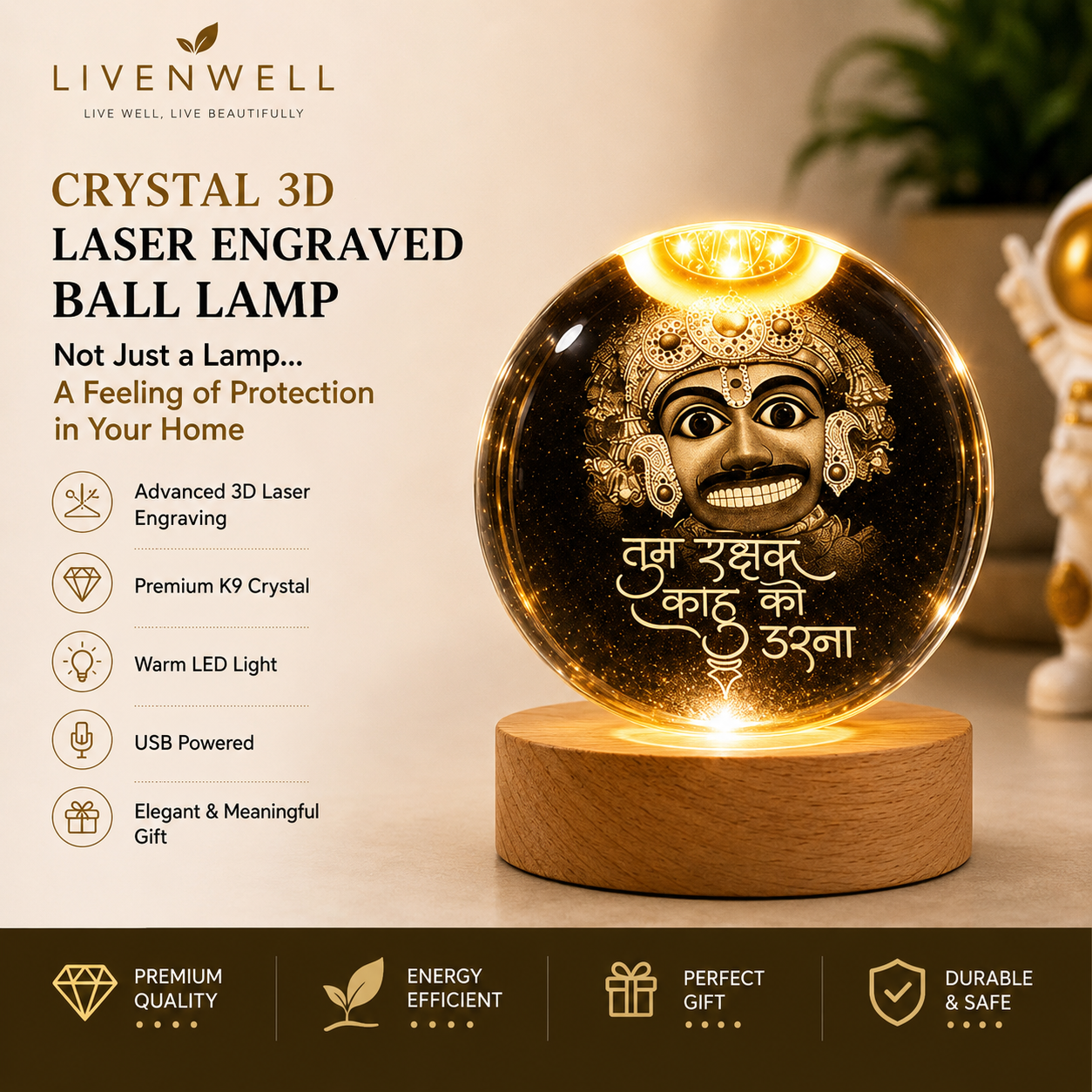 Livenwell Hanuman 3D Crystal LED Night Lamp – Premium K9 Crystal Ball with Wooden LED Base