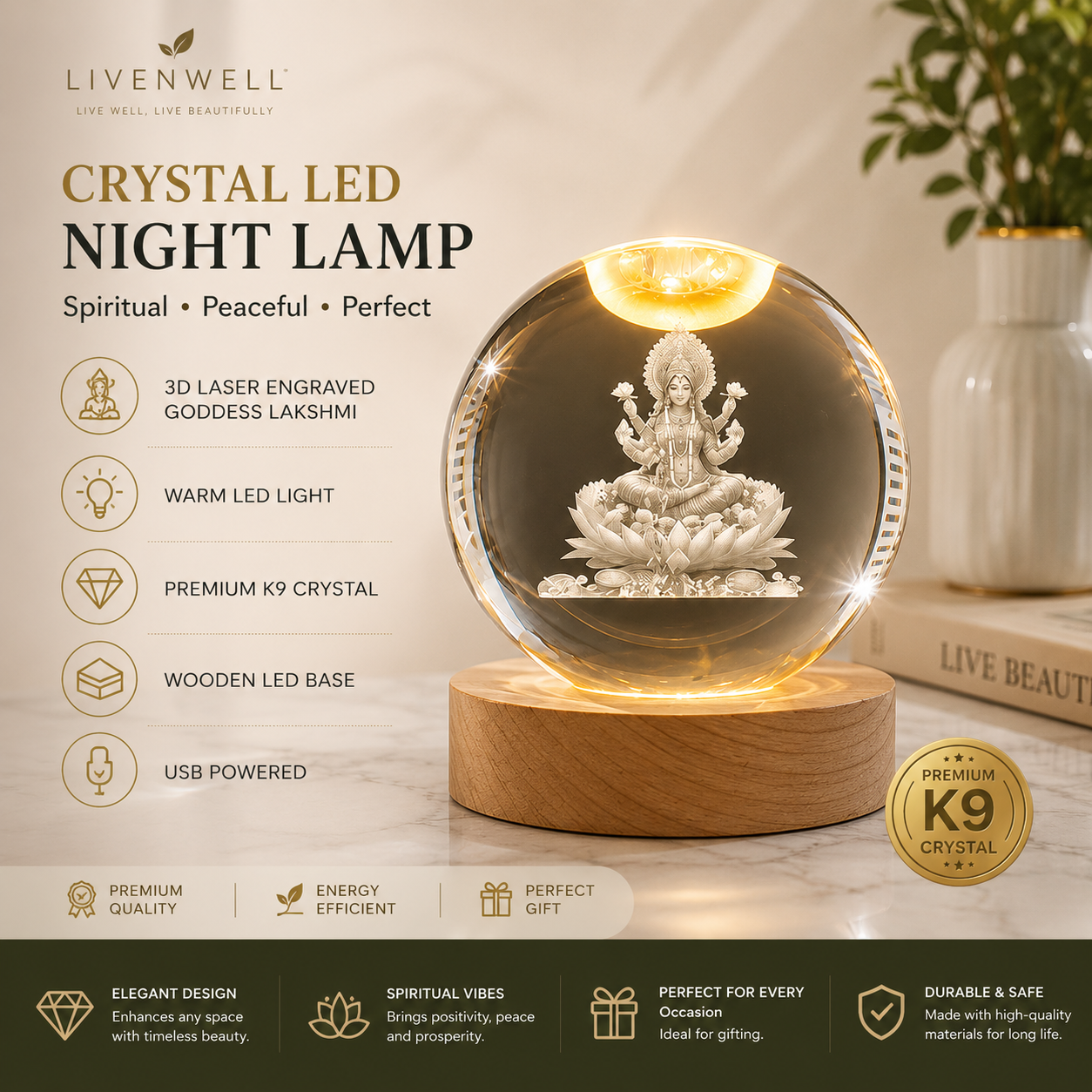 Livenwell Crystal LED Night Lamp – 3D K9 Crystal Goddess Lakshmi Lamp with Wooden LED Base
