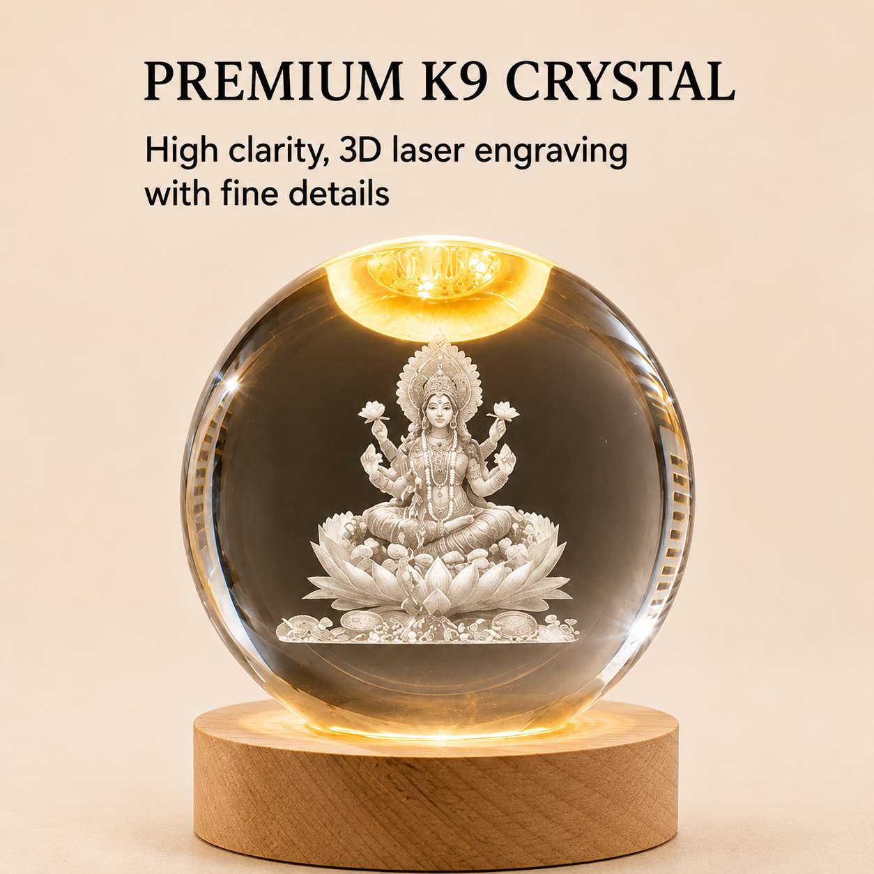 Livenwell Crystal LED Night Lamp – 3D K9 Crystal Goddess Lakshmi Lamp with Wooden LED Base