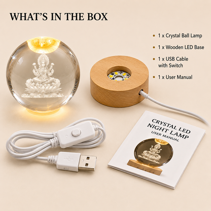 Livenwell Crystal LED Night Lamp – 3D K9 Crystal Goddess Lakshmi Lamp with Wooden LED Base
