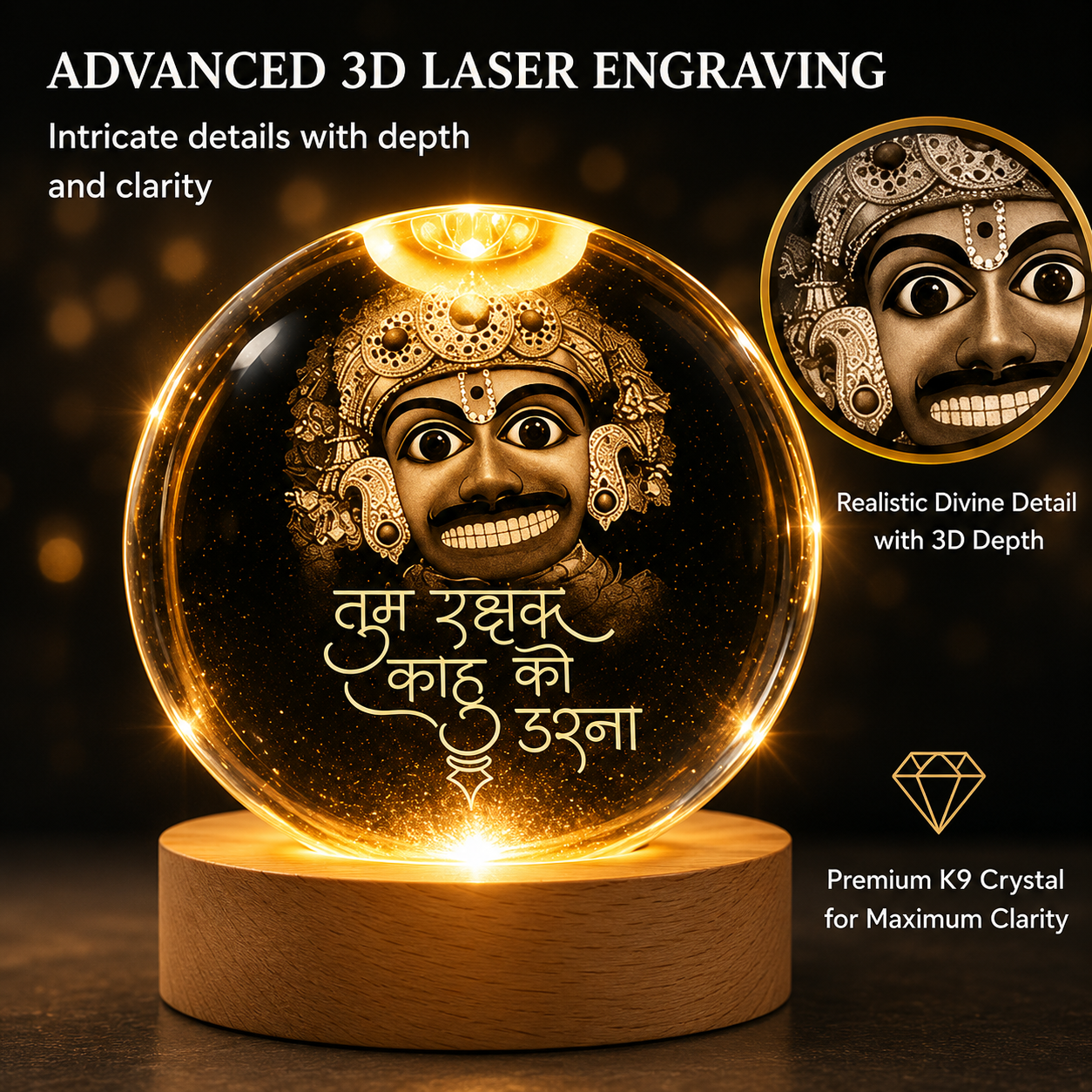 Livenwell Hanuman 3D Crystal LED Night Lamp – Premium K9 Crystal Ball with Wooden LED Base