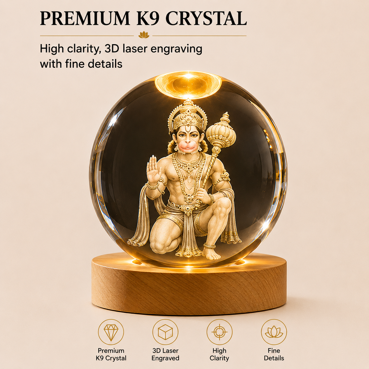 Livenwell Hanuman Ji 3D Crystal LED Night Lamp | Premium K9 Crystal Ball