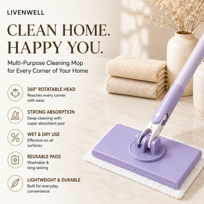 Livenwell mini mop with a purple 360-degree rotating head and white cleaning pad on a marble surface.