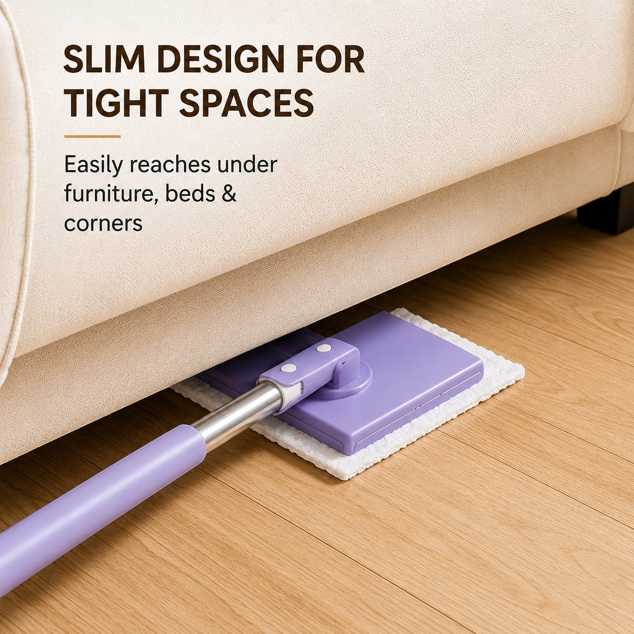Livenwell mini mop with purple head and white cleaning cloth reaching under a beige sofa on a wooden floor.