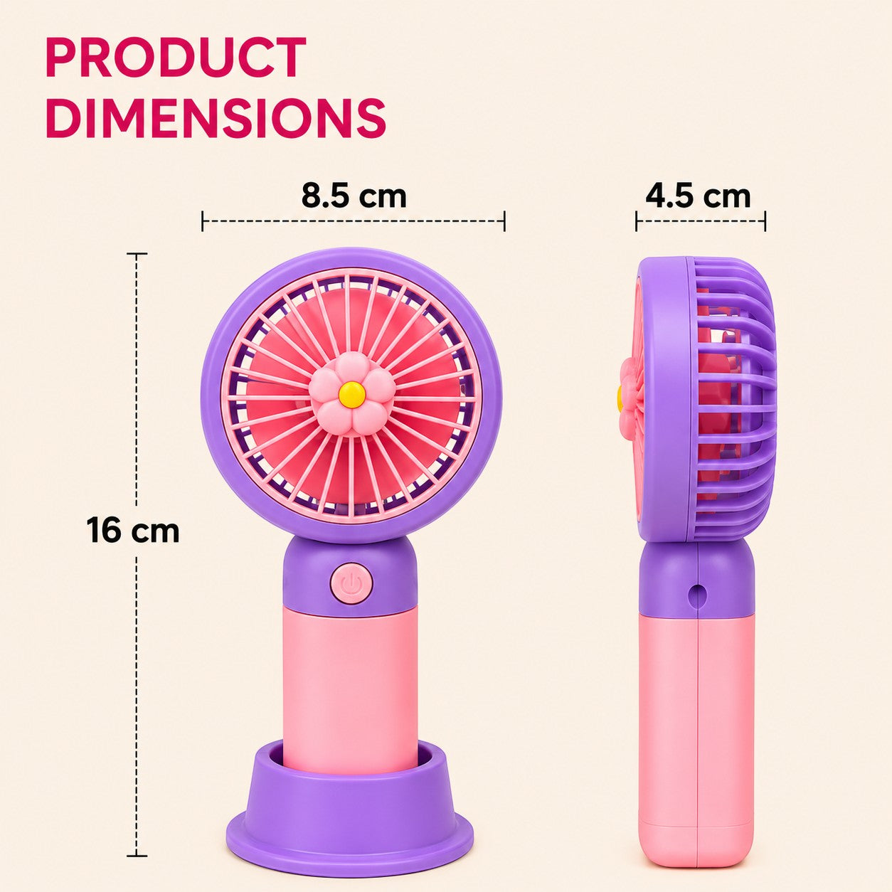 Livenwell mini portable USB rechargeable hand fan in purple and pink with a flower center and desktop stand.