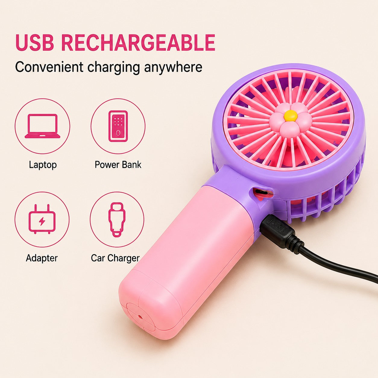 Livenwell mini portable USB rechargeable hand fan in purple and pink with a flower-shaped center design.