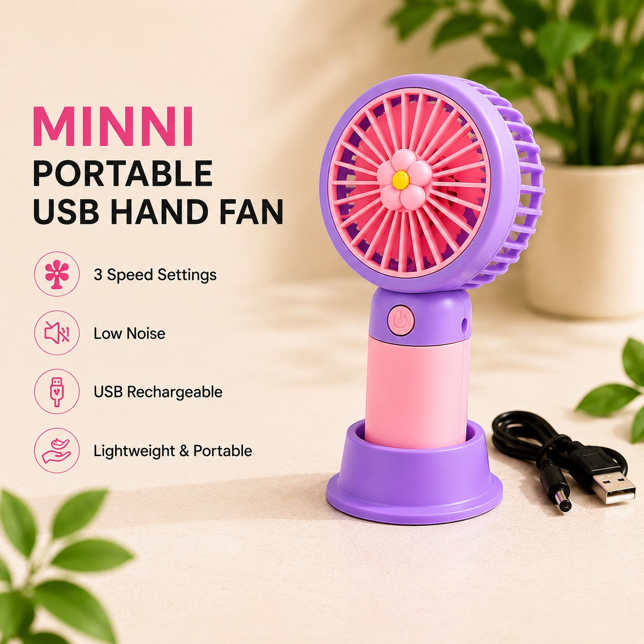 Livenwell portable handheld USB rechargeable fan in purple and pink with a cute flower center and desktop base.
