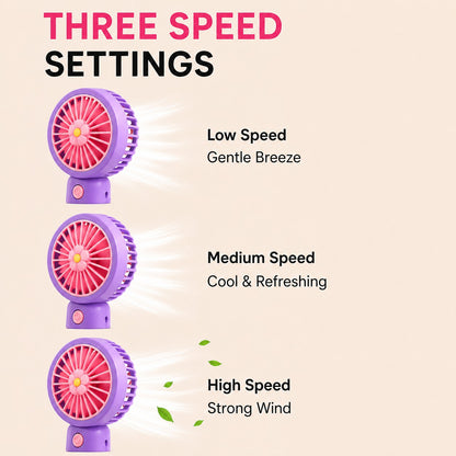 Livenwell mini portable USB rechargeable hand fan showing three adjustable speed settings with purple and pink design