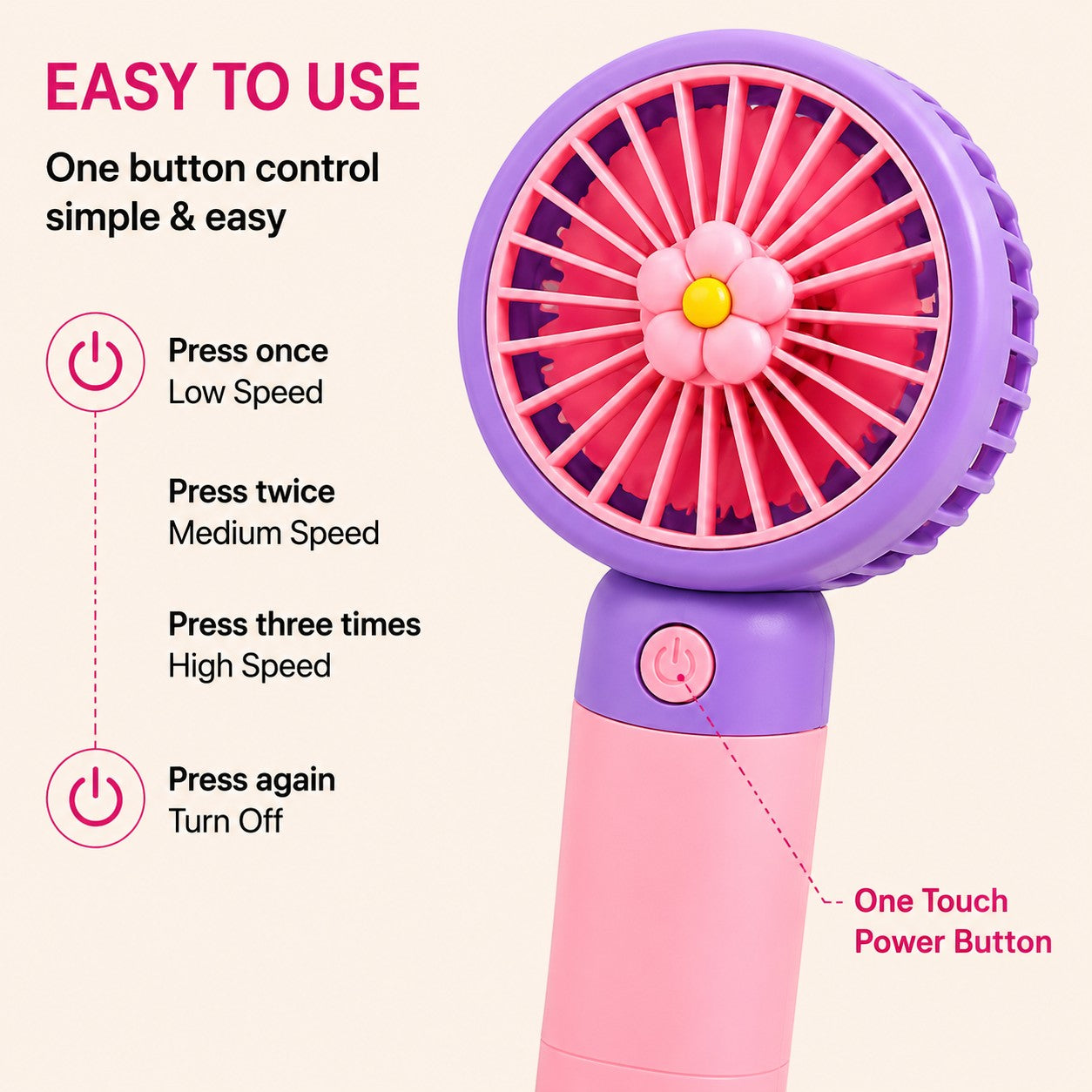 Livenwell mini portable USB rechargeable hand fan in purple and pink with a cute flower center and one-button control.