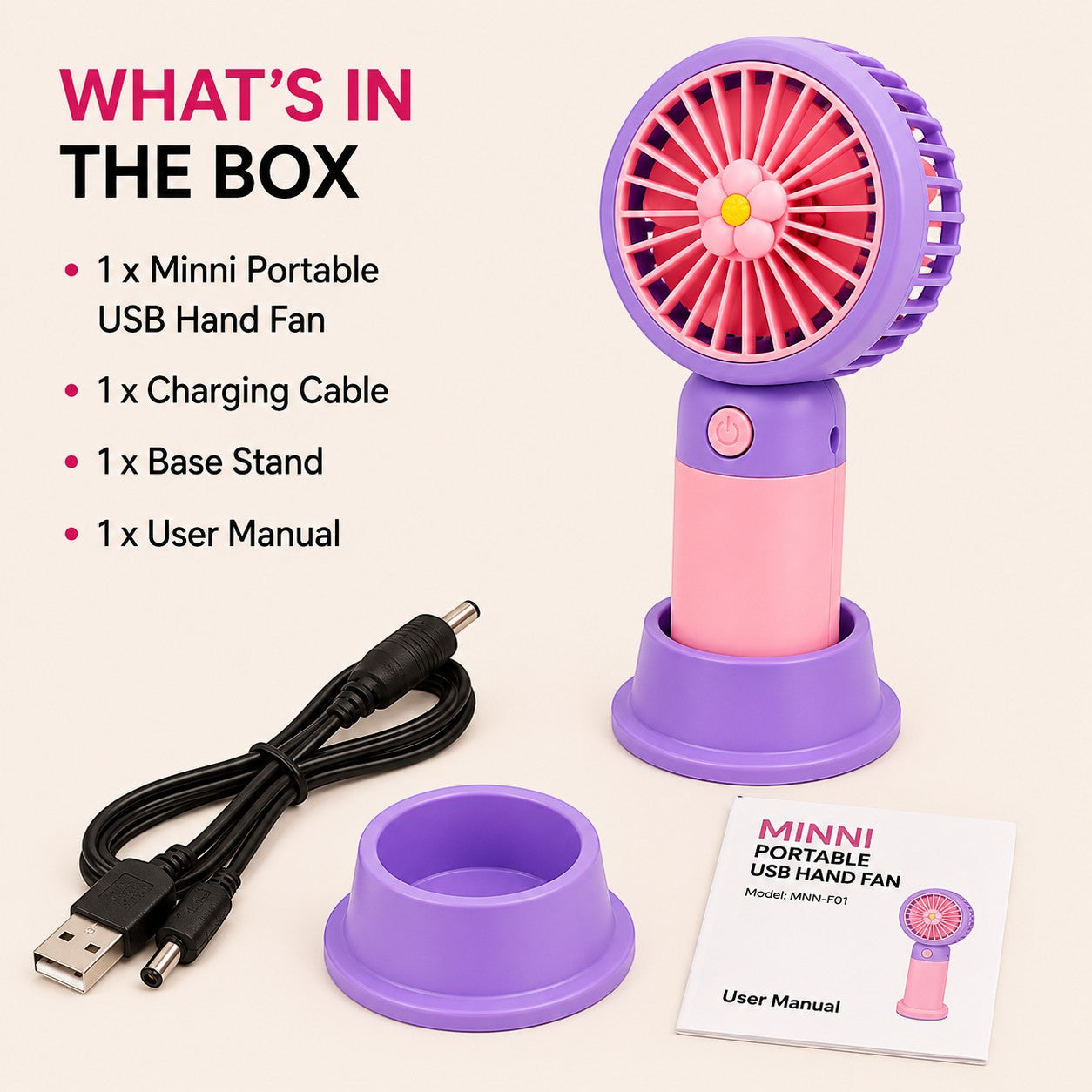 Livenwell mini portable USB rechargeable hand fan in purple and pink with a flower center and desktop base stand.