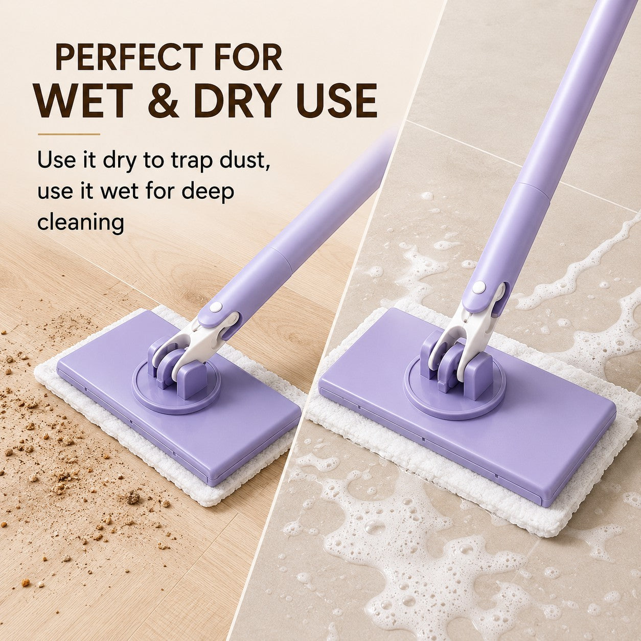 Livenwell purple mini mop with 360-degree rotating head cleaning dust and soapy water on tiled floors