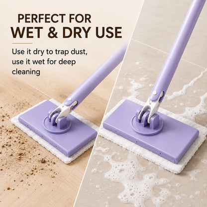 Livenwell purple mini mop with 360-degree rotating head cleaning dust and soapy water on tiled floors