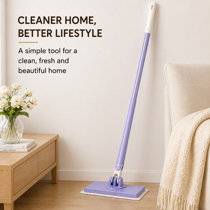 Livenwell purple mini mop with 360-degree rotating head and auto cloth grip standing on a wooden floor